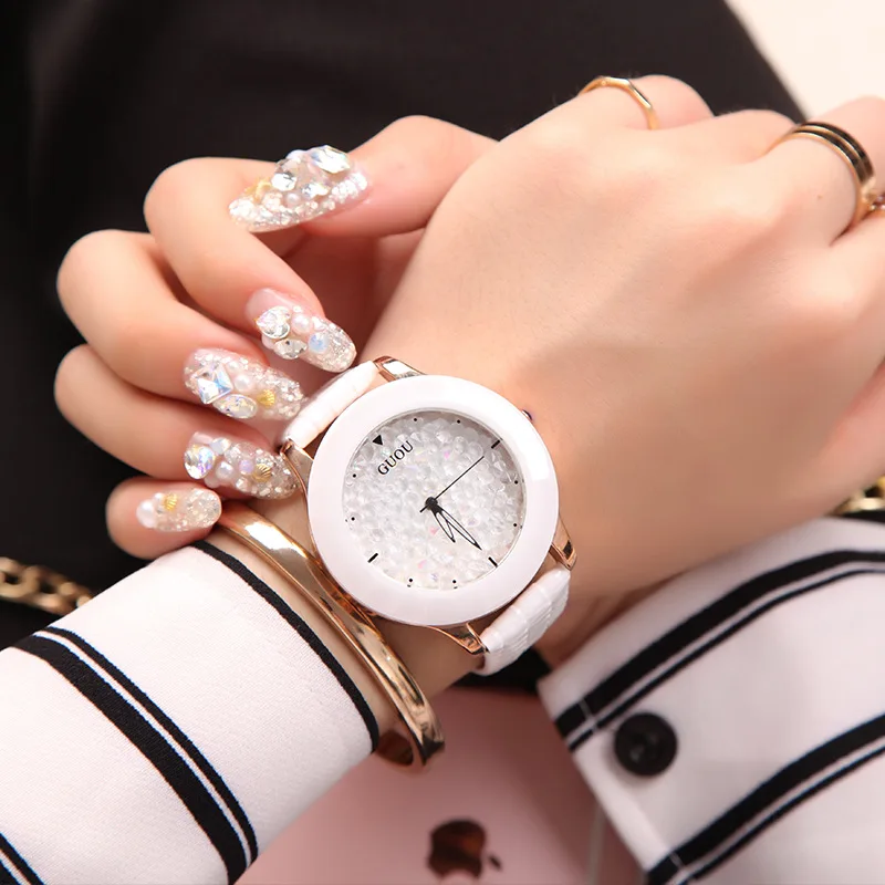

HK Luxury GUOU Brand Quartz Lady Watch Rhinestone Waterproof Women's Watch Genuine Leather Upscale Large Dial Luxury Gift Wristw