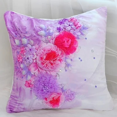 

DIY 3D Floral Cross Stitch Ribbon Cushion Pillow Case Cover Materials Non-finished