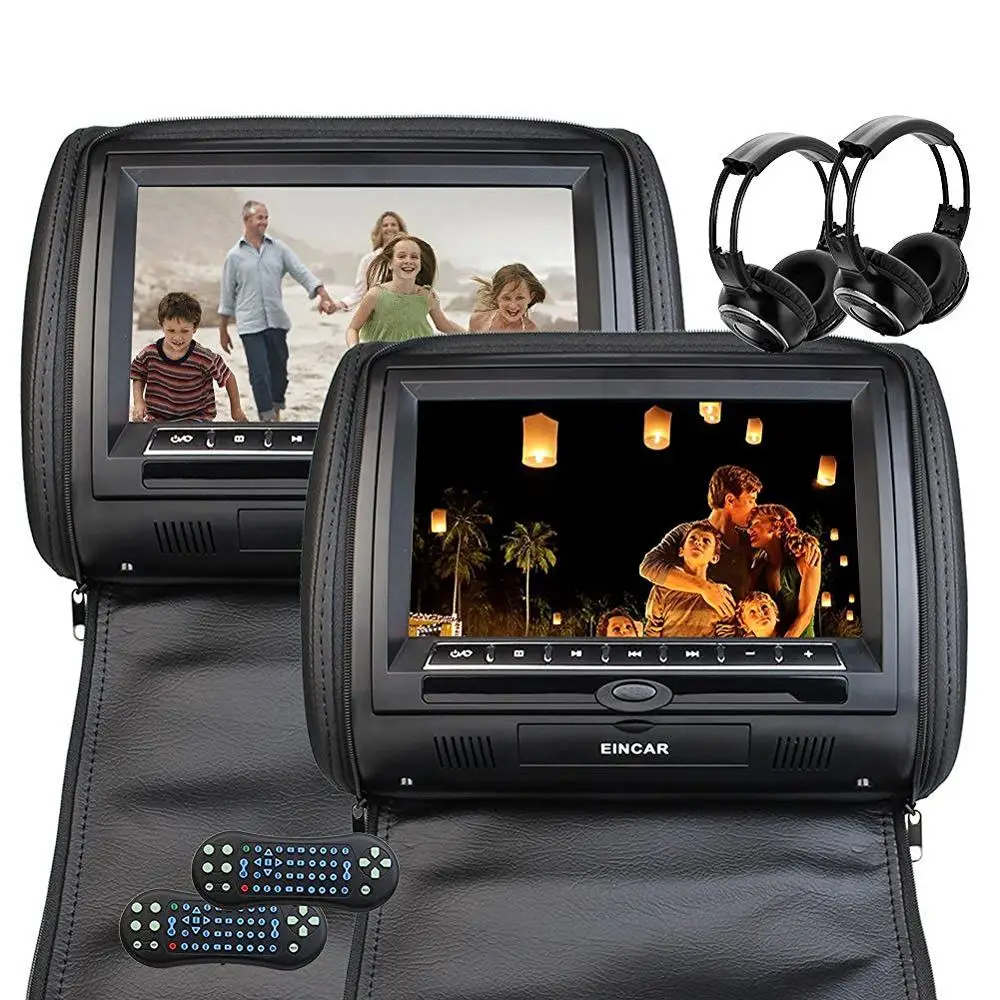 

Black two Car headrest CD DVD player pillow HD Digital Screen Monitor FM Transmitter 32Bits Games Disc Mp3 Include IR Headphones