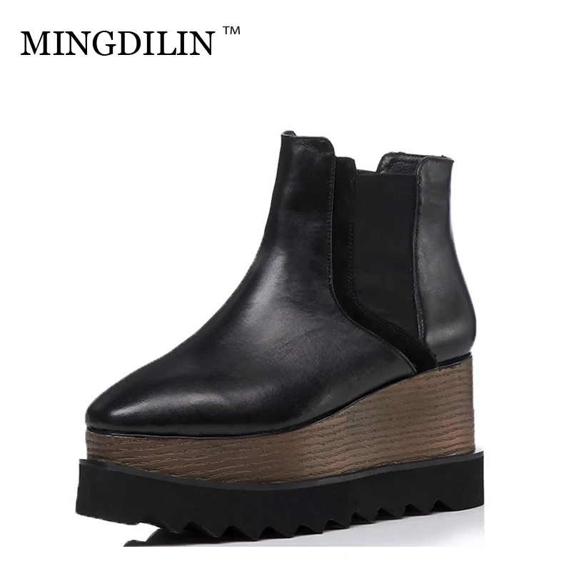 leather slope heel boots