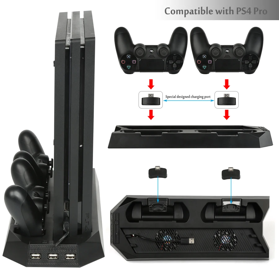 Dual Gamepad Charging Station and 3 Extra USB Port HUB ADVcer PS4 Vertical Cooler Charger Stand 8 Thumb Grip Cover for Sony PS4 DualShock 4 Controller and Playstation 4 Console Dual Cooling Fan