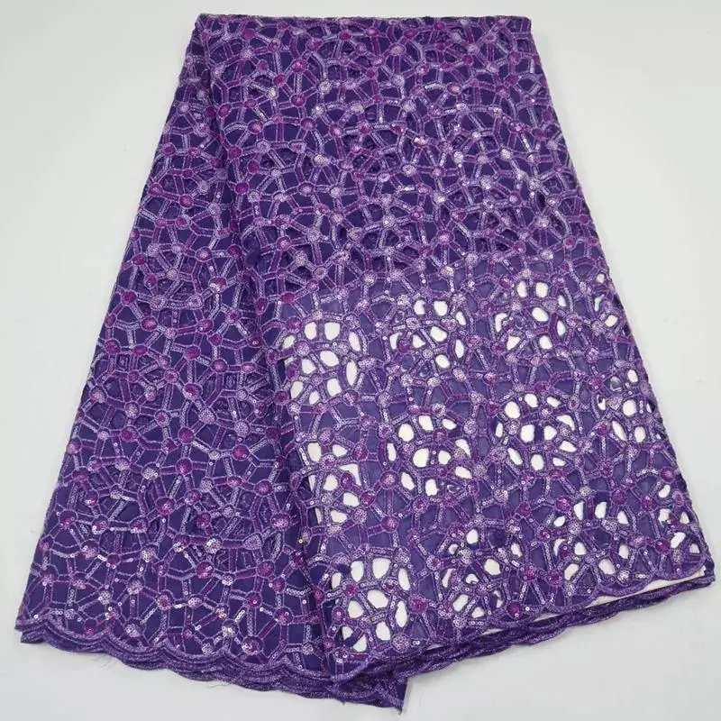 

Best Quality Purple Colors African Handcut Double Organza Holes Lace Fabric With Sequins Embroidery For Dress 5yards/pcs
