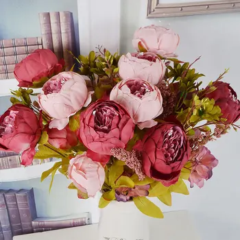 

Silk Peony Flower European 1 Bouquet Artificial Flowers Fall Vivid Peony Fake Leaf Wedding Home Party Decoration