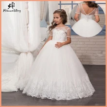 Белые Платья с цветочным узором для девочек с короткими рукавами; кружевное платье для маленьких девочек; фатиновые платья с аппликацией для первого причастия для девочек
