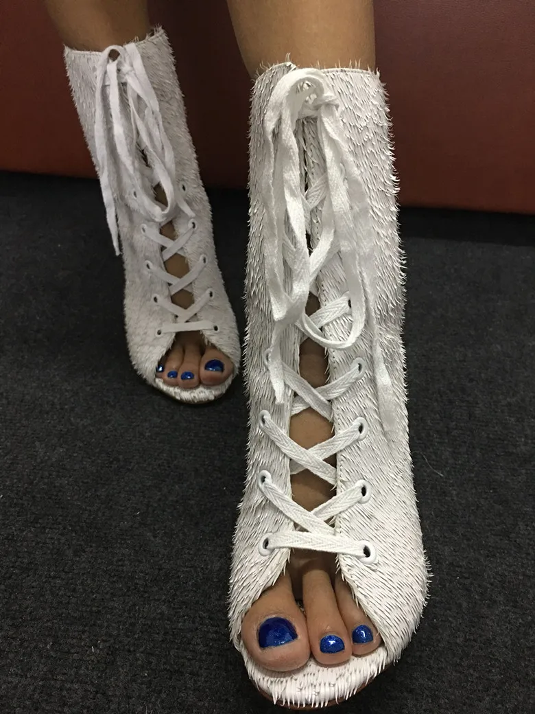 

Deification New Lace Up Ankle Boot Luxury Knife Cutting Leather Shoes Women Summer Peep Toe Party Wedding Shoes Sexy White Boots