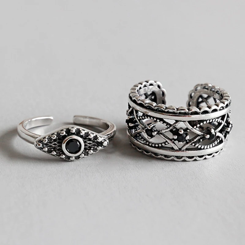 

BIG J.W Vintage 925 Sterling Silver Adjustable Finger Rings For Women Jewelry Hollow Retro Evil Eye with Black Zircon Open Ring