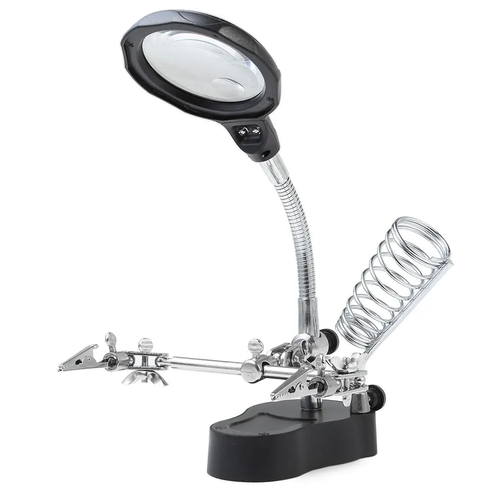 

High Quality Magnifier 3.5X 12X Magnification Clip-on Soldering Stand Magnifier with 2 Auxiliary 2 LED Light Watch Rpair Tools