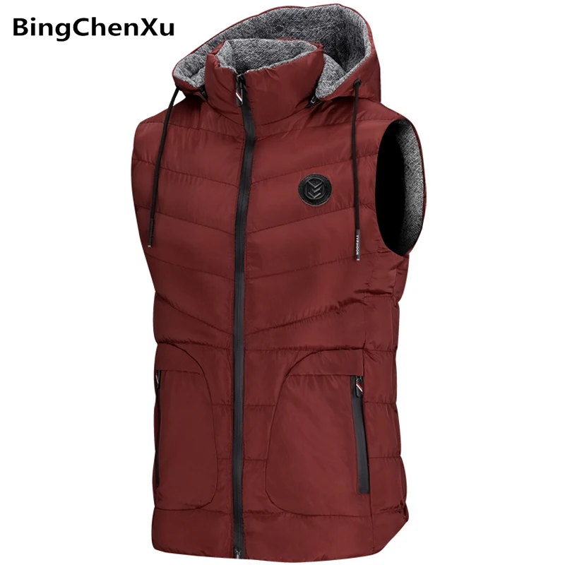 

Hooded Brand Vest Men Fashion Solid Winter Sleeveless Jacket men Autumn Zipper Pockets Mens Vest Casual Waistcoat Tops male 4978