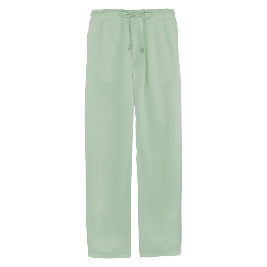 Men straight pants summer Fashion Solid Color Breathable Loose Fit Drawstring Trousers Long beach holiday home casual Pants male