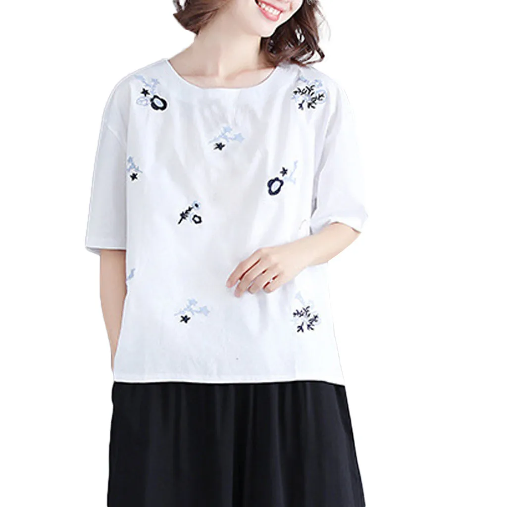 Fashion Tops 2019 Women Cotton Linen O-neck Short-sleeved Embroidered Loose Blouse T-Shirt Top