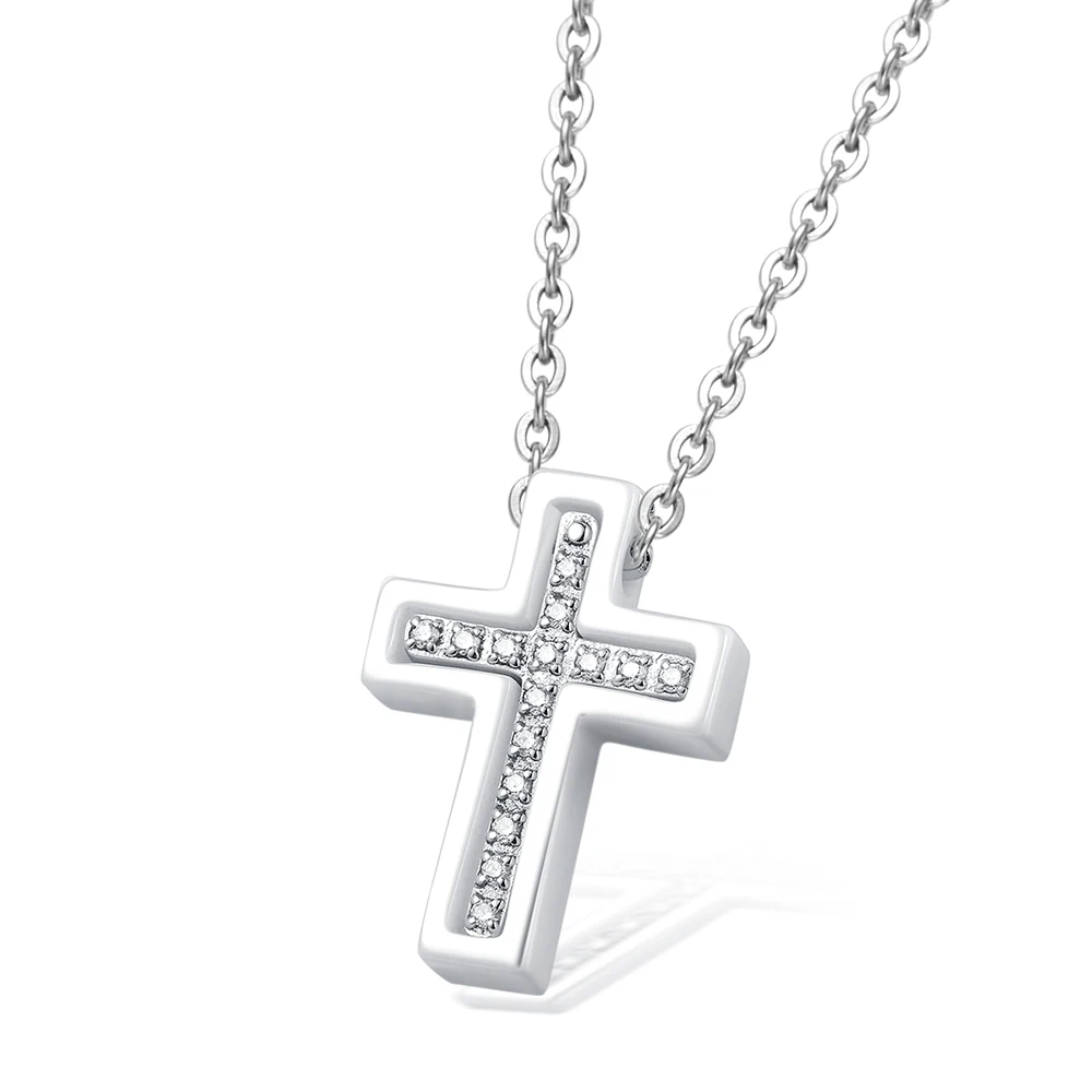 White Ceramic Necklace with Groove Inside The rhinestone Women Cross