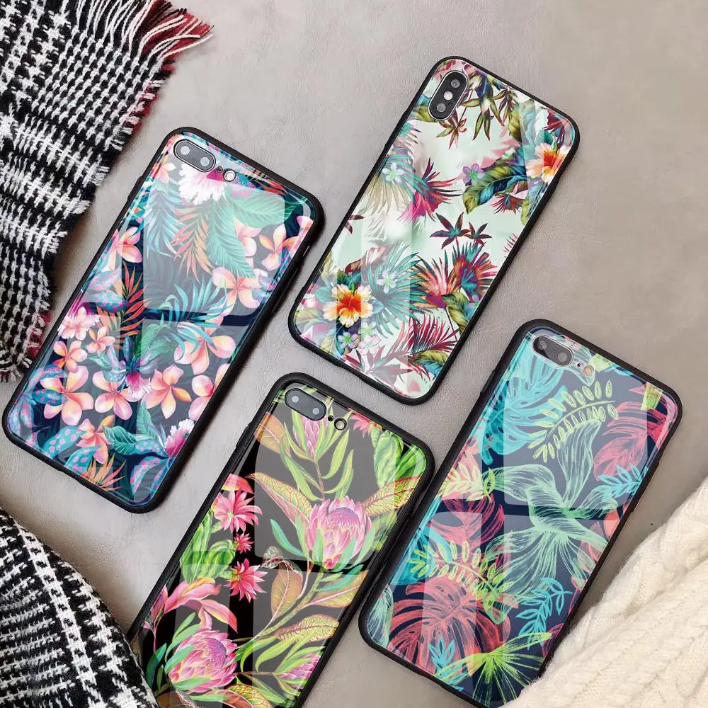 

Customized Tempered Glass Phone Case For iPhone 8 7 Plus X XS MAX XR capa Coque Floral Glass DIY Back Cover For iPhone 6S 6 7