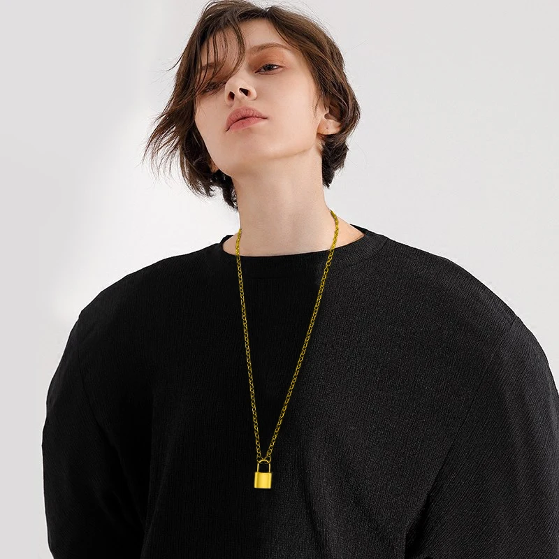 Gouden-Kleur-Hangslot-Hanger-Ketting-Rvs-Rolo-Kabel-Ketting-voor-Mannen-Vrouwen-Cool-Vriendschap-Geschenken