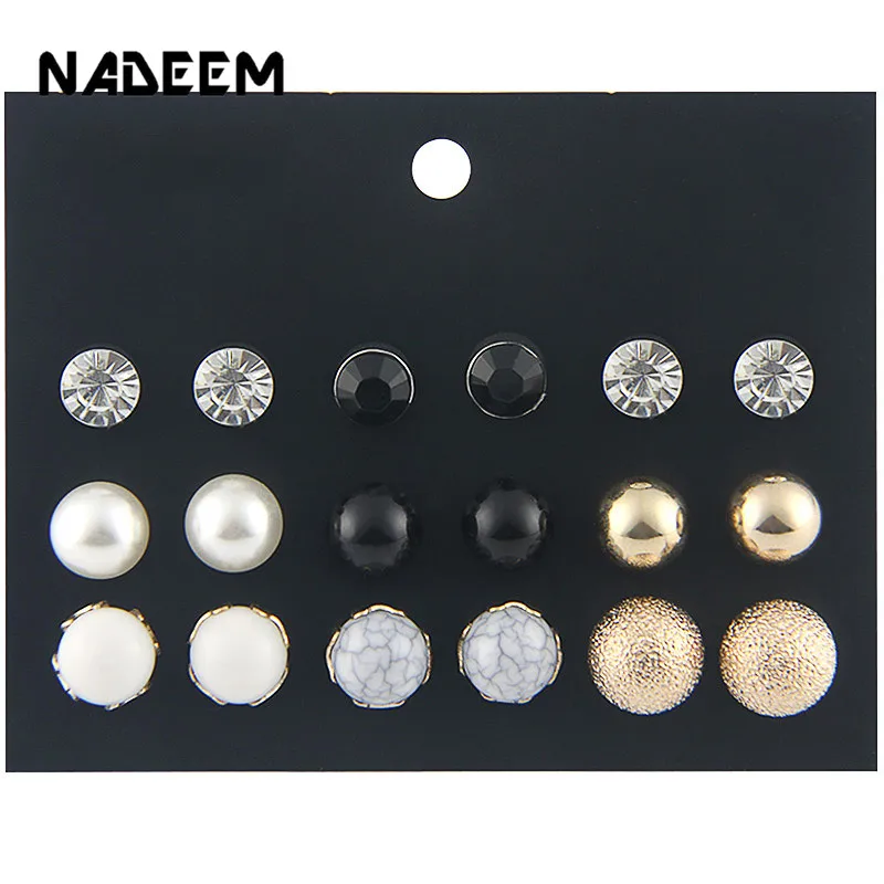 

(9 Pairs/1 lot ) Fashion Multicolor Round Resin,Pearl Beads Stud Earrings Set Gold Color Ball Crystal Stud Earrings For Women