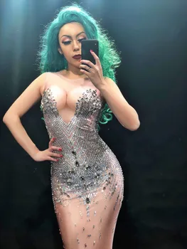 

Sparkly Rhinestones One-piece Dress Women Costumes Nightclub Sexy Performance Singer Party Show Dresses Novelty Super Star Dress