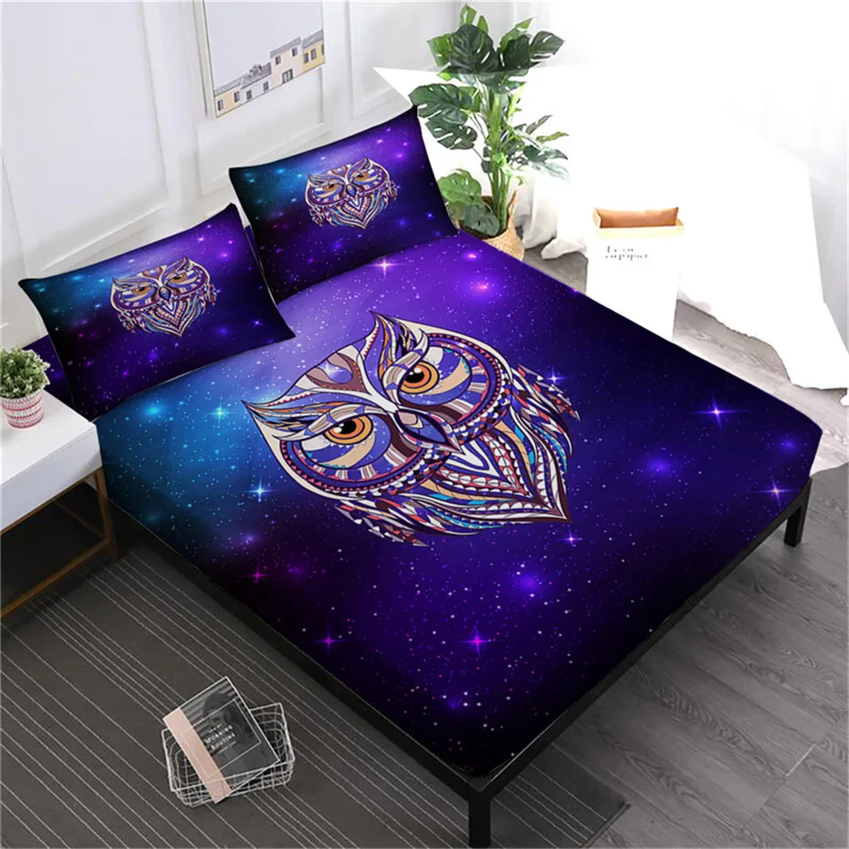 Colorful Animal Owl Sheets Set Purple Galaxy Print Fitted Sheet