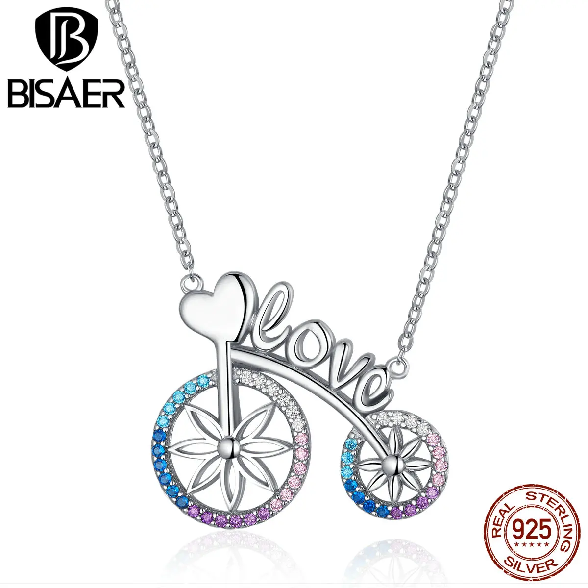 

BISAER Love Necklaces 925 Sterling Silver Bike Bicycle Love Crystal Pendants Necklaces for Women Silver Jewelry Collar ECN336
