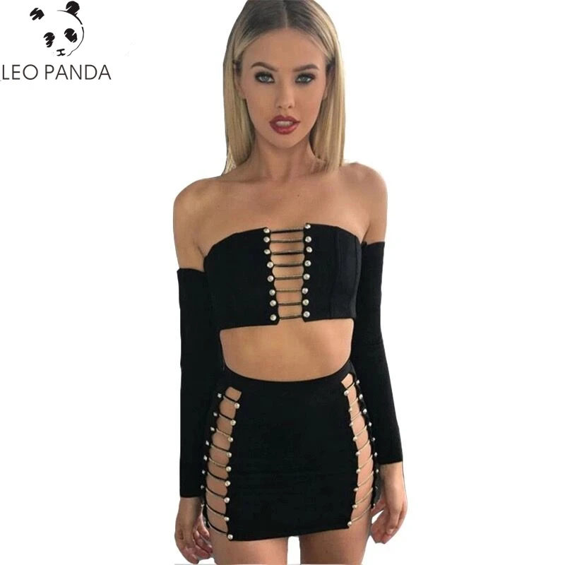 

Off Shoulder Suede Leather New Fashion Two Piece Set Dress Women Long Sleeve Beading Strapless Club Dress 2 Pieces Set YZH99