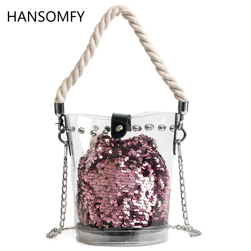 

HANSOMFY|Transparent Jelly Flap Chain Shoulder Bag PVC bucket bag Summber Bag Pailette