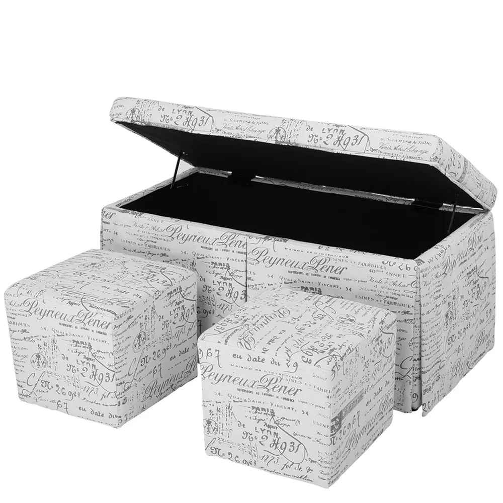  LANGRIA 3-Piece French Script Patterned Fabric Storage Bench and Cube Ottoman Set Footrest Stool Seat, Beige13