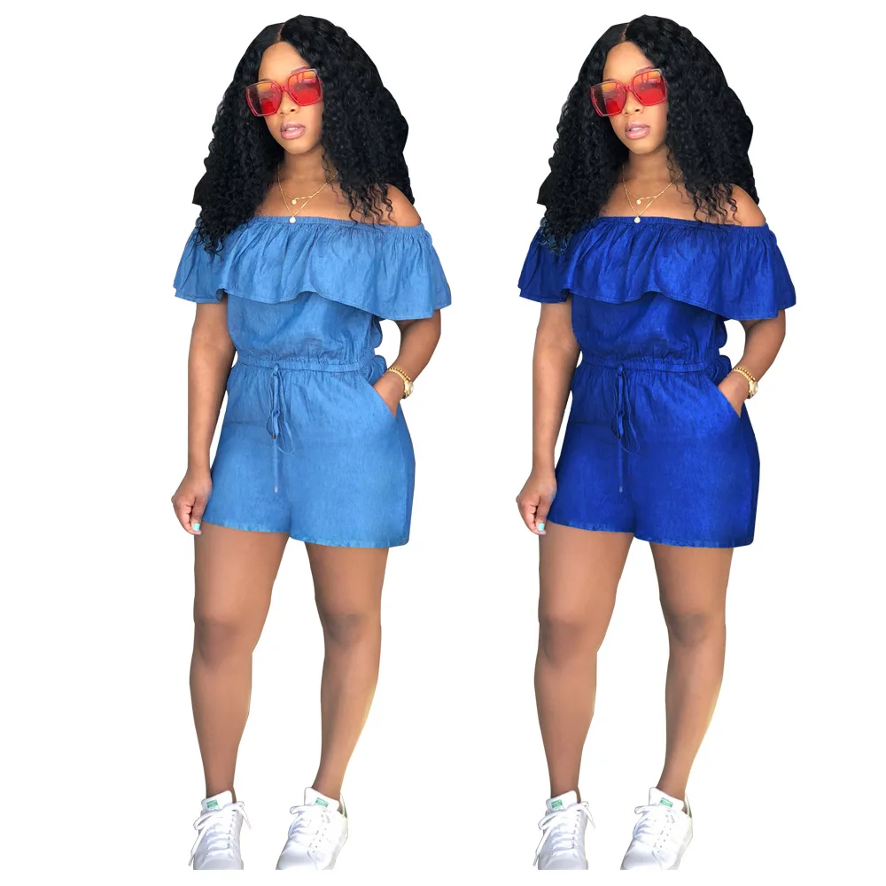Overalls Shorts Jumpsuit 2018 Summer Fashion Casual Jumpsuits Jeans Slash Neck Ruffles Women Jumpsuit Denim Rompers Girls Female