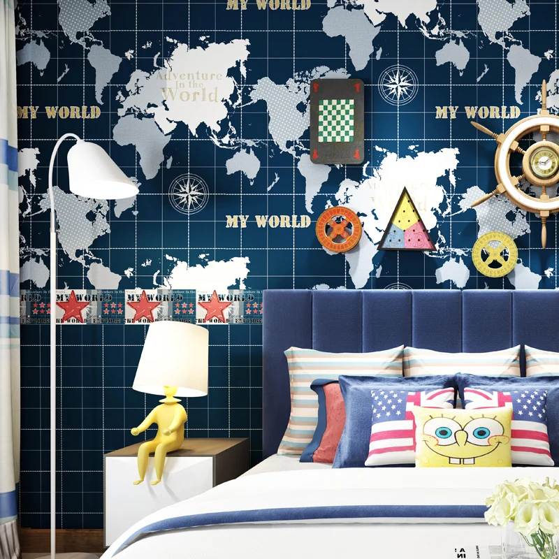 Mediterranean Children S Room Wallpaper Dark Blue World Map Boys Bedroom Study Background Wall Non Woven Wallpaper For Kids Wallpapers Aliexpress