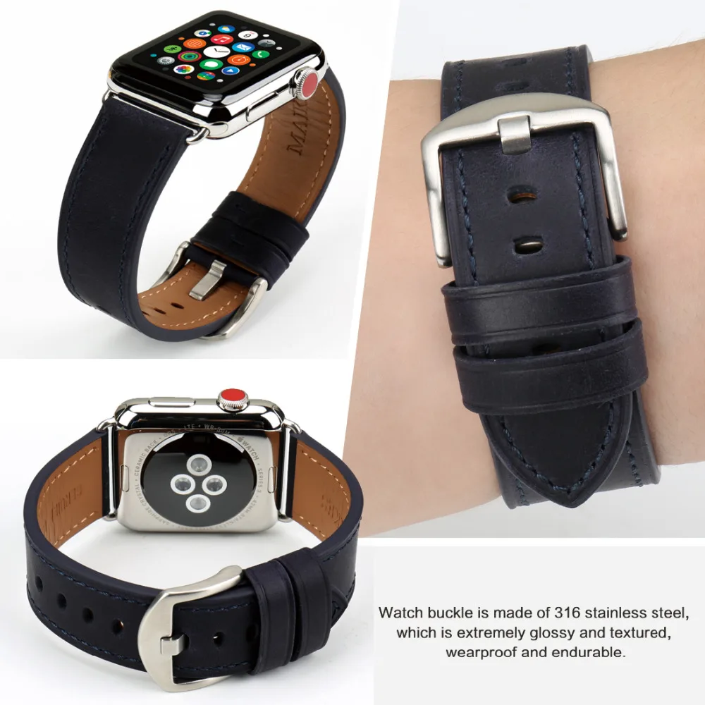 Ремешок для часов MAIKES из натуральной кожи браслет Apple Watch 42 мм 38 44 40 темно
