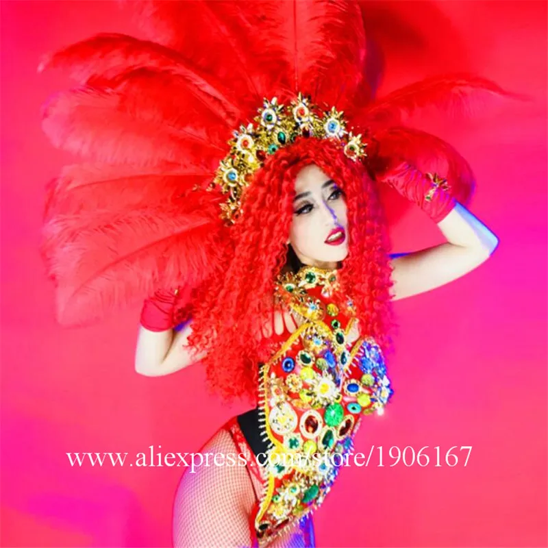 

Sexy Lady Party Evening Red Dress Stage Performance Models Ballroom Costume Masquerade Cosplay DS Dance Team Clothes Wigs Gloves