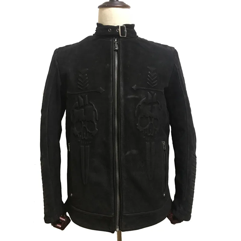 

2019 Vintage Black Men Skulls Biker's Leather Jacket Plus Size 4XL Genuine Thick Cowhide Slim Fit Motorcycle Coat FREE SHIPPING