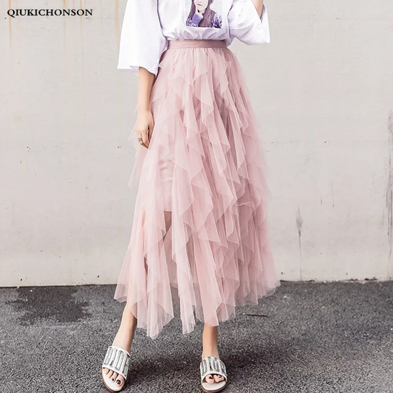 

Long Tulle Skirt Women Spring Summer Ladies Fairy Cute Asymmetric Ruffle Skirt Midi Length Plus Size High Waisted Mesh Skirt