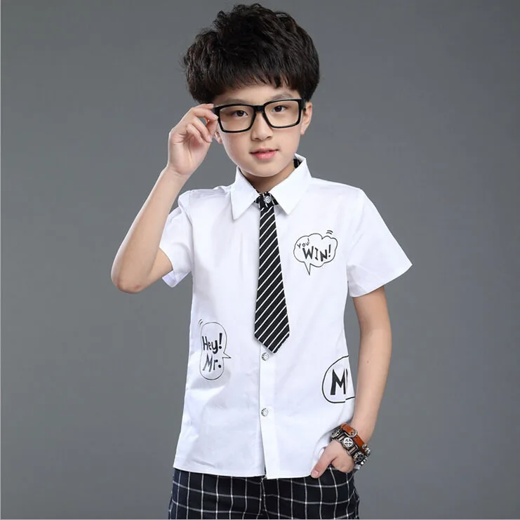 

2018 New Arrival Children Short Sleeve Dress Shirts with Tie for Boys Brand 6-14T Boys Summer Cotton Formal Wedding Shirts, C016