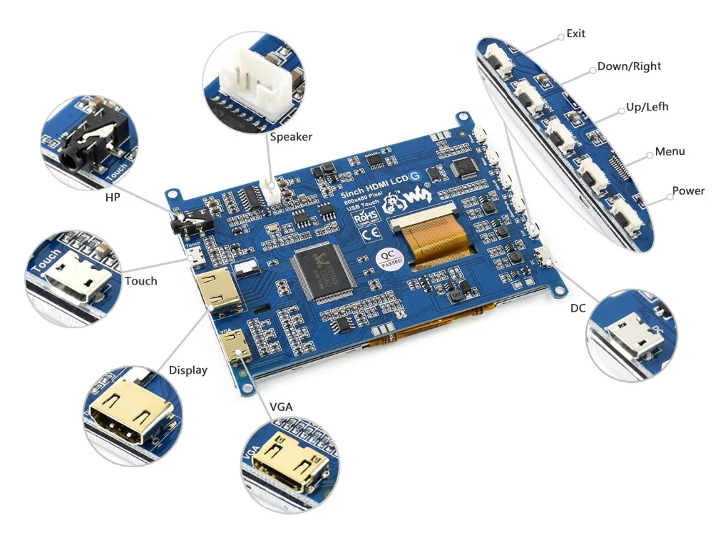 5 дюймов, 800x480, резистивный сенсорный ЖК-экран, интерфейс HDMI, поддержка Raspberry Pi, BB Черный, Banana Pi, Windows 10/8. 1/8/7