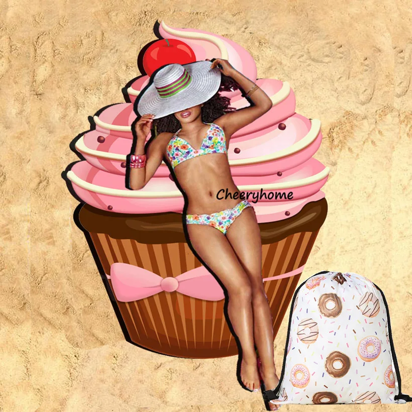 

Dessert Cake Summer Round Beach Towel MICROFIBER SHOWER BATH TOWELS With Drawstring Storage Bag Swimwear Shawl Yoga Beach Mat