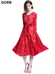 GORB высокого класса Дизайн 2018 Мода Женщины Красный Кружева выдалбливают низ длинные платья с v-образным вырезом с рукавом три четверти для