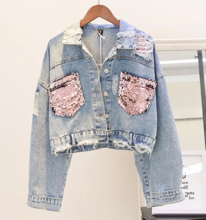 

New Hole Jeans Jacket Women's Short Coat Sequin Spliced 2019 Autumn Female Jacket Loosen Women's Denim Jacket Clothin