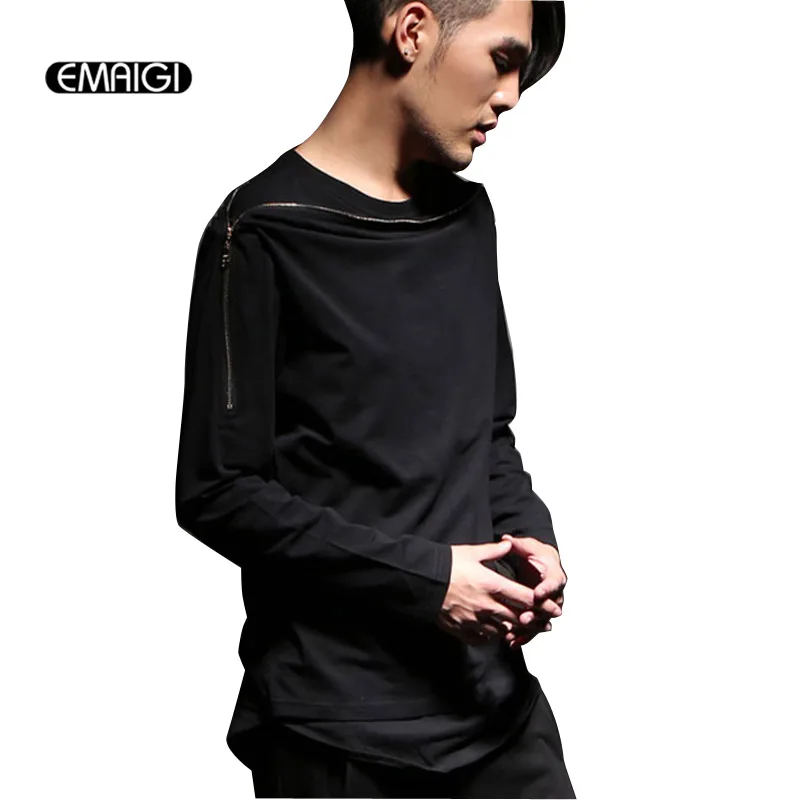 Male T shirt mens collar zipper long sleeve tees shirts fake two T shirt punk rock