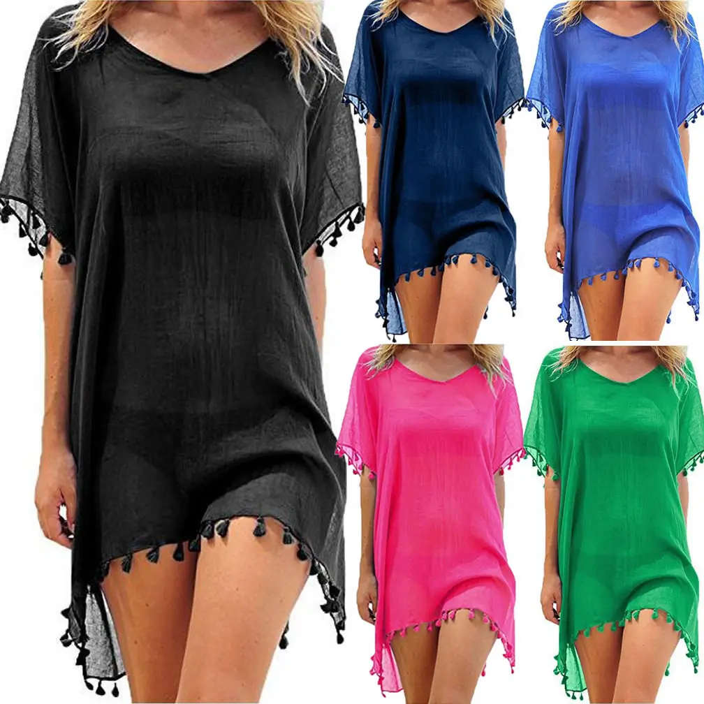 

Women Bikini Cover Ups Beachwear Swimwear Swimsuit Short Sleeve One Piece Summer Beach Dress Bathing Suit Tassel Cover Up