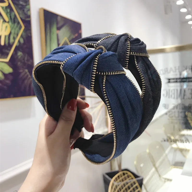 

New Women's High-end Boutique Hair Accessories Girls Simple Denim Fabric Zipper Knot Knotted Wide-brimmed Headband