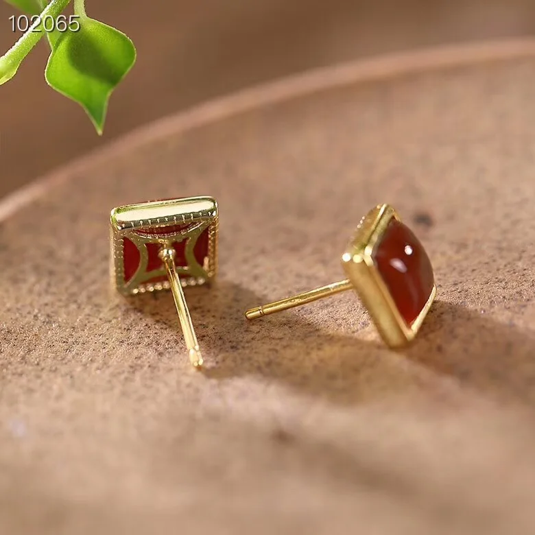 Uglyless Gems Gold Square Earrings for Women Real 925 Silver Brincos Fine Jewelry Office Lay MINI Agate Studs Earrings Gemstones