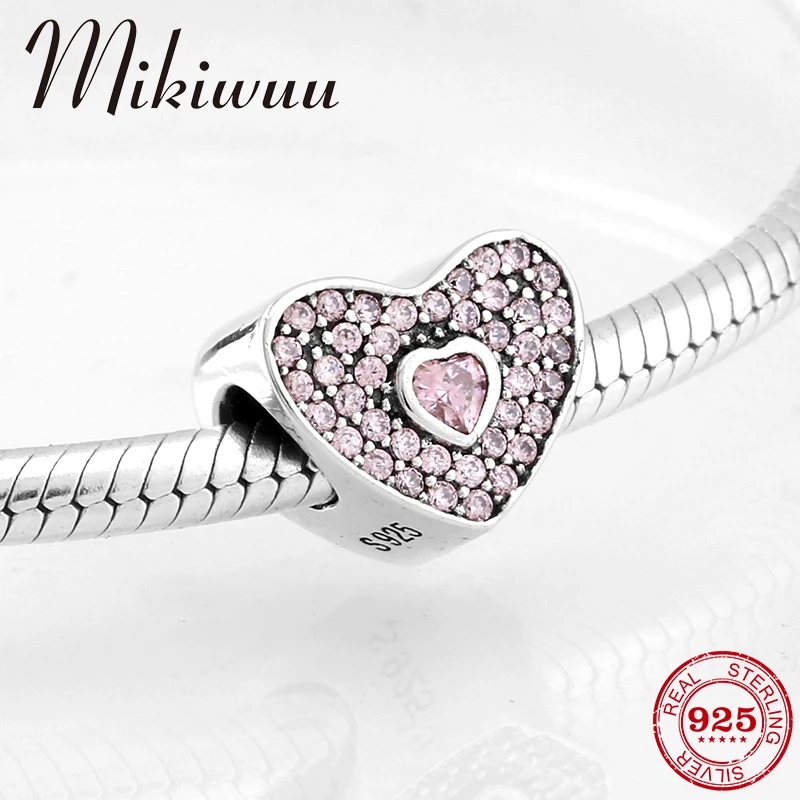 

925 Sterling Silver the only love Valentine gift pink CZ Heart fine Bead Jewelry making Fit Original Pandora Charm Bracelet