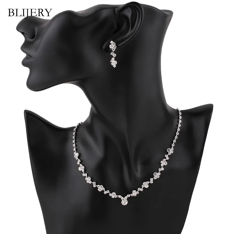 BLIJERY простой стиль Кристалл Свадебные Ювелирные наборы серебряного цвета ожерелье со стразами Комплект сережек для женщин наборы свадебных ювелирных изделий