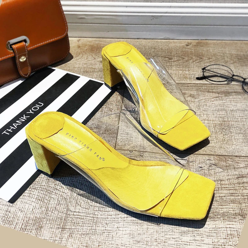 

Open Toe Square Toes Women Slipper Transparent PVC Square Heel Women Shoes Summer Dress Women Sandals Sweet Ladies Shoes