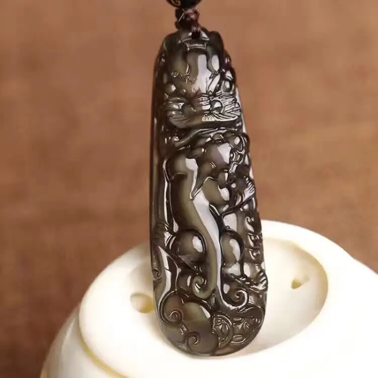 

Chinese dragon auspicious pendant necklace, Beautiful colored obsidian sculpture