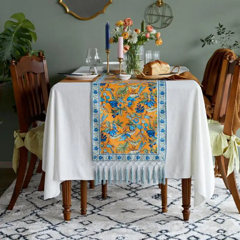

Luxury Cotton Dinning Table Decoration Table Runners Bird Printed Yellow Blue Home Textile Bed Runner