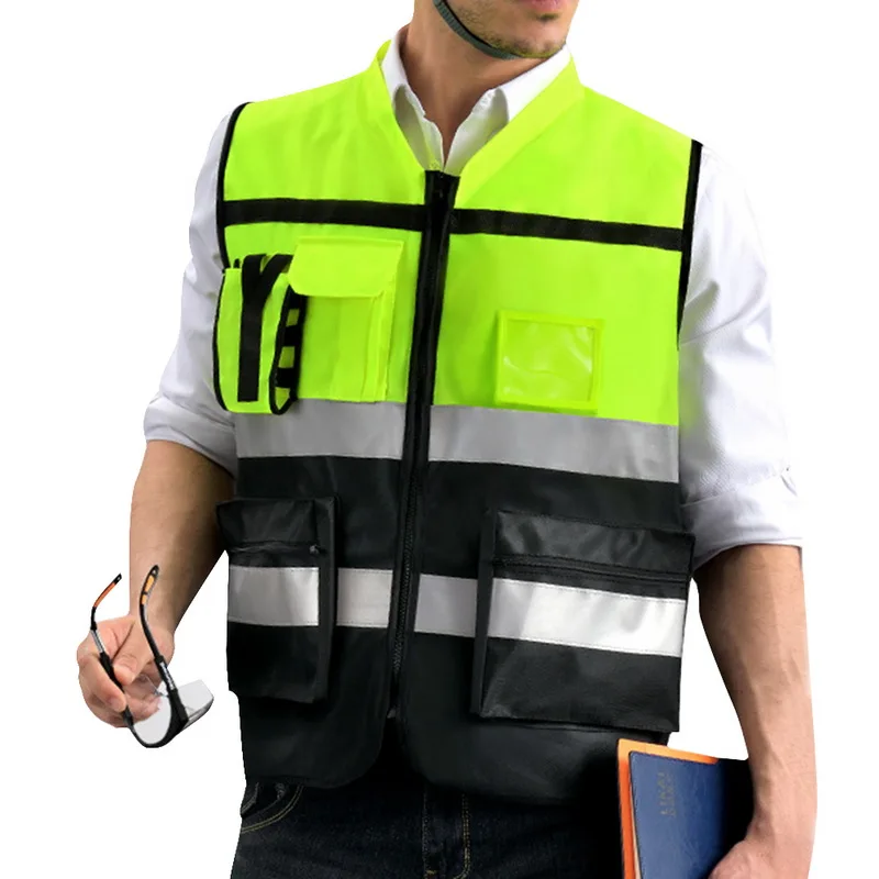 Drop shipping adisputent High Visibility Zipper Front Safety Vest Reflective Strips with Multi Pockets Safety Vest