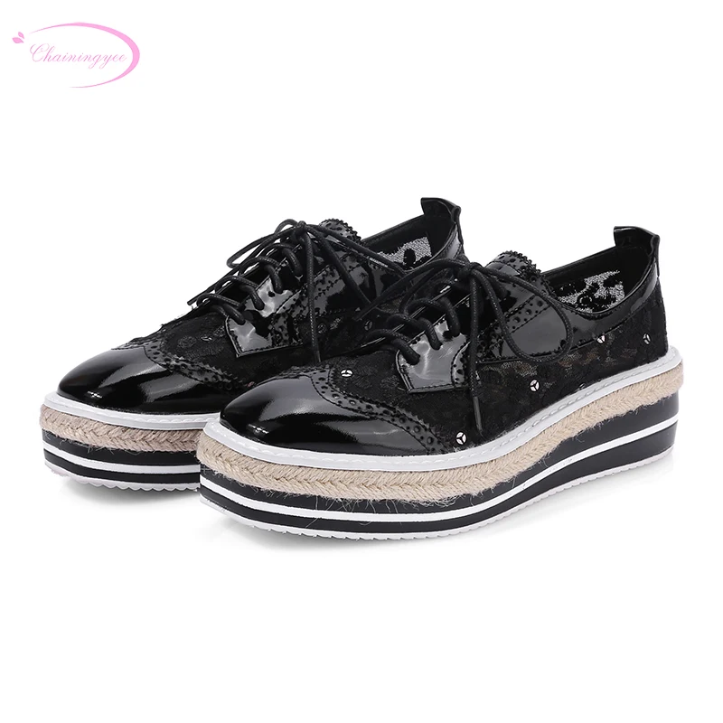 

Chainingyee college style square toe patent real leather pumps lace-up gauze waterproof yellow black med heels women's shoes