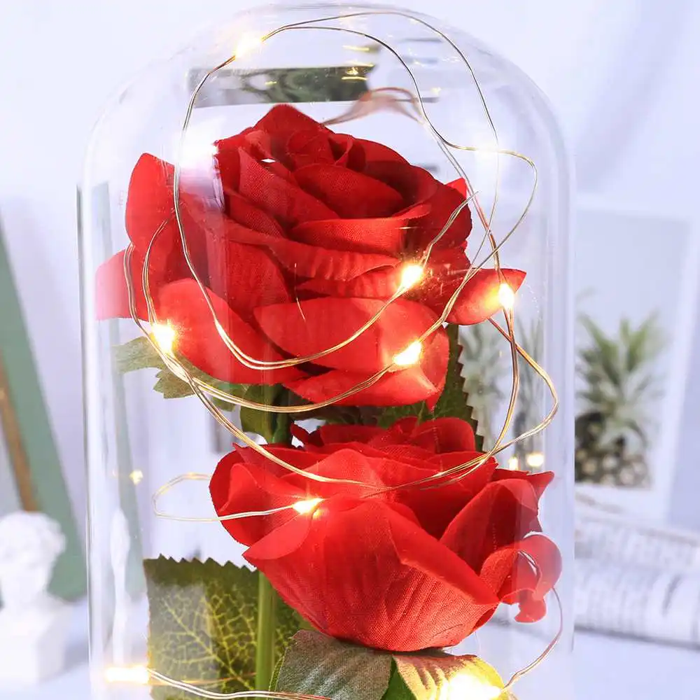 Красивая роза и зверь свет с павшими лепестками цветов в стекло купол на деревянной основе День Святого Валентина юбилей Bir