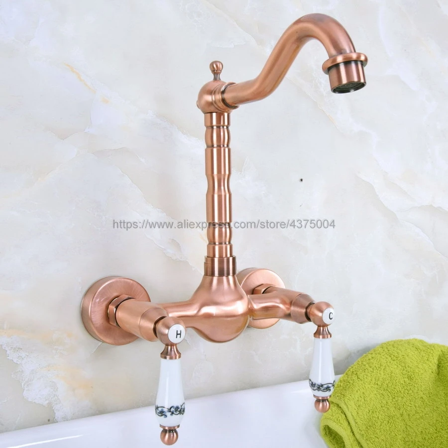 Antique Red Copper Wall Mounted Kitchen Bathroom Sink Faucet Dual Handle Swivel Spout Hot Cold Water Tap Nnf951