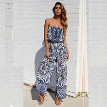 Elegant Print Sexy Strapless Rompers Women's Jumpsuit Sleeveless Backless Casual Wide legs Jumpsuits Beach Holiday Overalls