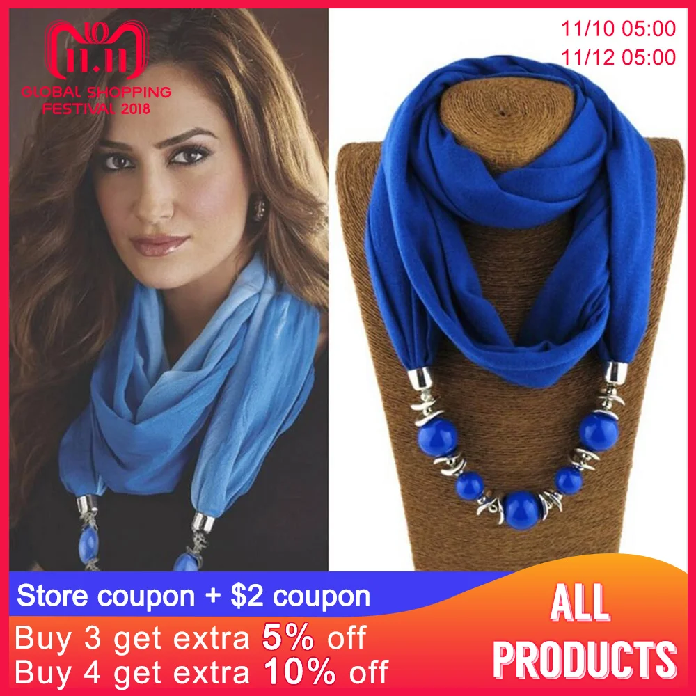 

9 Colors Ethnic Unique Scarf Necklaces Resin Beads Pendant Neckerchief Statement Necklace Wraps Women Bohemia Necklaces Jewelry